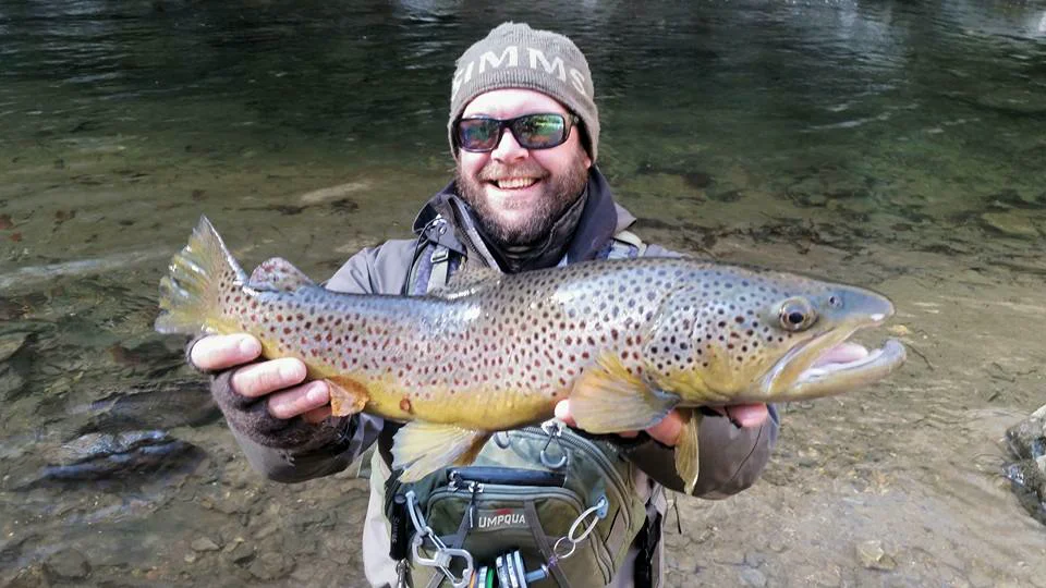 Angler with a big brown trout on the Tuckasegee River — Smoky Mountain Fly Fishing School, Bryson City NC
